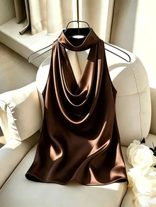 SHEIN Franclia 女款純色露背垂領鏤空垂領優雅修身襯衫 - 棕色 - 查看 3