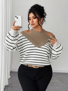 SHEIN Elenzya 大尺碼女款假兩件式露肩拼色條紋時尚套頭毛衣 - 杏色 - 查看 4