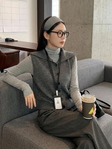 DAZY Rompi Rajut Leher Tinggi Abu-abu Gelap untuk Melangsingkan Tubuh Wanita Musim Gugur/Dingin, Rompi Sweater Bolak-balik untuk Pakaian Berlapis - Grey - View 6