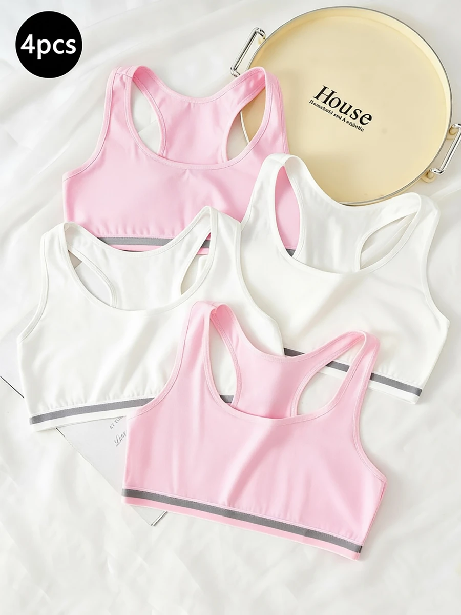 SHEIN 4件組青少年女孩圓領無袖內搭背心,四季款,純色粉色、白色與灰色滾邊,柔軟針織舒適日常內衣,秋冬適用 - 彩色 - 查看 1