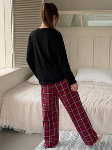 Dazy Kids Teen Girl Solid Color Long Sleeve Top And Plaid Pants Casual Daily Home Pajama Set - Black - View 2