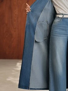 Anewsta Women's Lapel NeckLong Sleeve Casual Long Denim Jacket - Blue - View 8