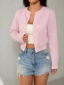 SHEIN PETITE 女款素色單排扣休閒針織長袖開襟衫 - 粉色 - 查看 3