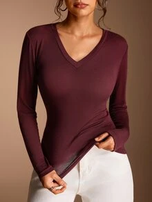 SHEIN BASICS 女款純色修身百搭日常長袖T恤 - 酒紅色 - 查看 4