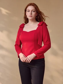MOTF PREMIUM PLUS SIZE WOMEN'S BOWKNOT DECOR SWEETHEART NECKLINE TOP FALL - Red - View 3