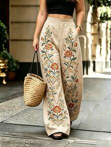 Linhara CURVE Women's Bohemian Style Embroidered Printed Wide Leg Pants, Loose Linen Texture Casual Pants, Suitable For Vacation Wear Fall - Multicolor - View 4