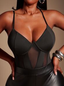 SHEIN SXY Plus Size Mesh Patchwork Spaghetti Strap Camisole - Black - View 5