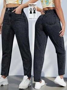SHEIN PETITE Women's High Waist Pocket Casual Versatile Denim Long Pants - Black - View 1
