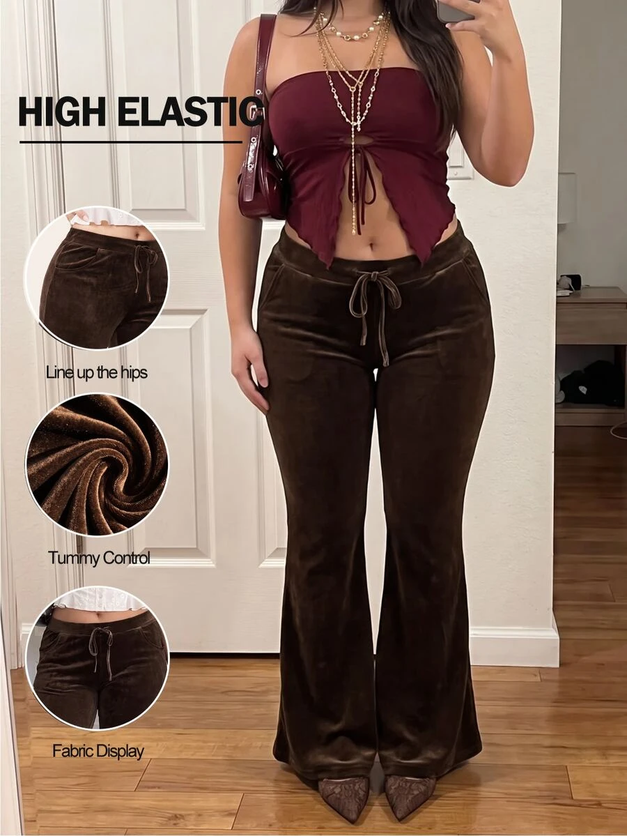 Comfortcana Plus Size Women's Solid Color Drawstring Waist Casual Versatile Everyday Long Pants - Camel - View 1