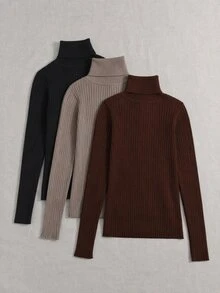 SHEIN LUNE 女款素色高領長袖休閒百搭套頭毛衣 - 棕色 - 查看 2