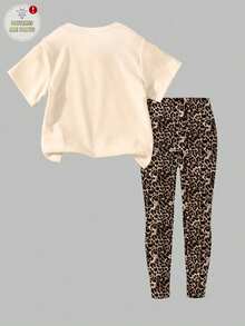 (1 Set) Halloween Girls Toddler Simple Plaid Patchwork Ghost Leopard Print Bow Pumpkin Lantern Pattern Basic Short T-Shirt And Leggings - Multicolor - View 2