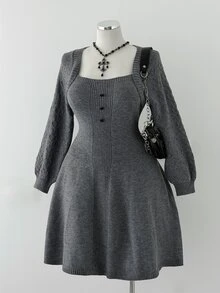 Sunspun Plus Size Casual Heart Button Heart Pattern Knit A-Line Sweater Dress - Grey - View 4