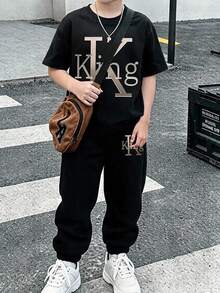 青少年男孩休閒舒適時尚極簡圓領短袖T恤與長褲套裝 - 白色 - 查看 1