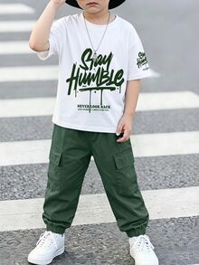 Tween Boy Letter Print Kids Short Sleeve T-Shirt And Long Pants Casual Daily Outfit - Multicolor - View 3