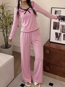 SHEIN 青少年女孩優雅荷葉邊飾3D蝴蝶結裝飾波浪邊長袖針織居家服2件套 - 粉色 - 查看 3