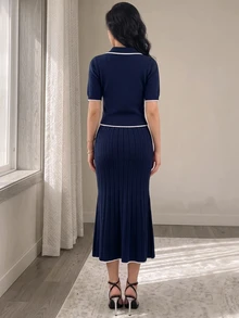 Modelyn POLO Collar Button-Up Slim Fit Waist-Cinching Navy Blue Short Sleeve 2 Pieces Knit Sweater Set - Royal Blue - View 3