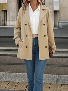 SHEIN Clasi Mantel Trench Panjang Sedang dengan Lapisan Termal yang Mengencangkan Pinggang, Nyaman dan Elegan - Khaki - View 7
