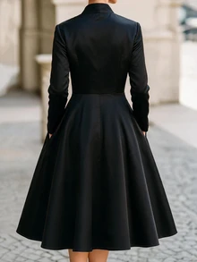 SHEIN Vintage Elegant Daily Commute Banquet Notched V-Neck Cinched Waist Long Sleeve Satin Midi Dress For Women - Black - View 3