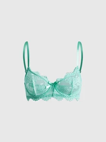 ROMWE Plus Size Dark Gothic Eyelash Floral Lace Underwire Triangle Cup Bra - Mint Green - View 1