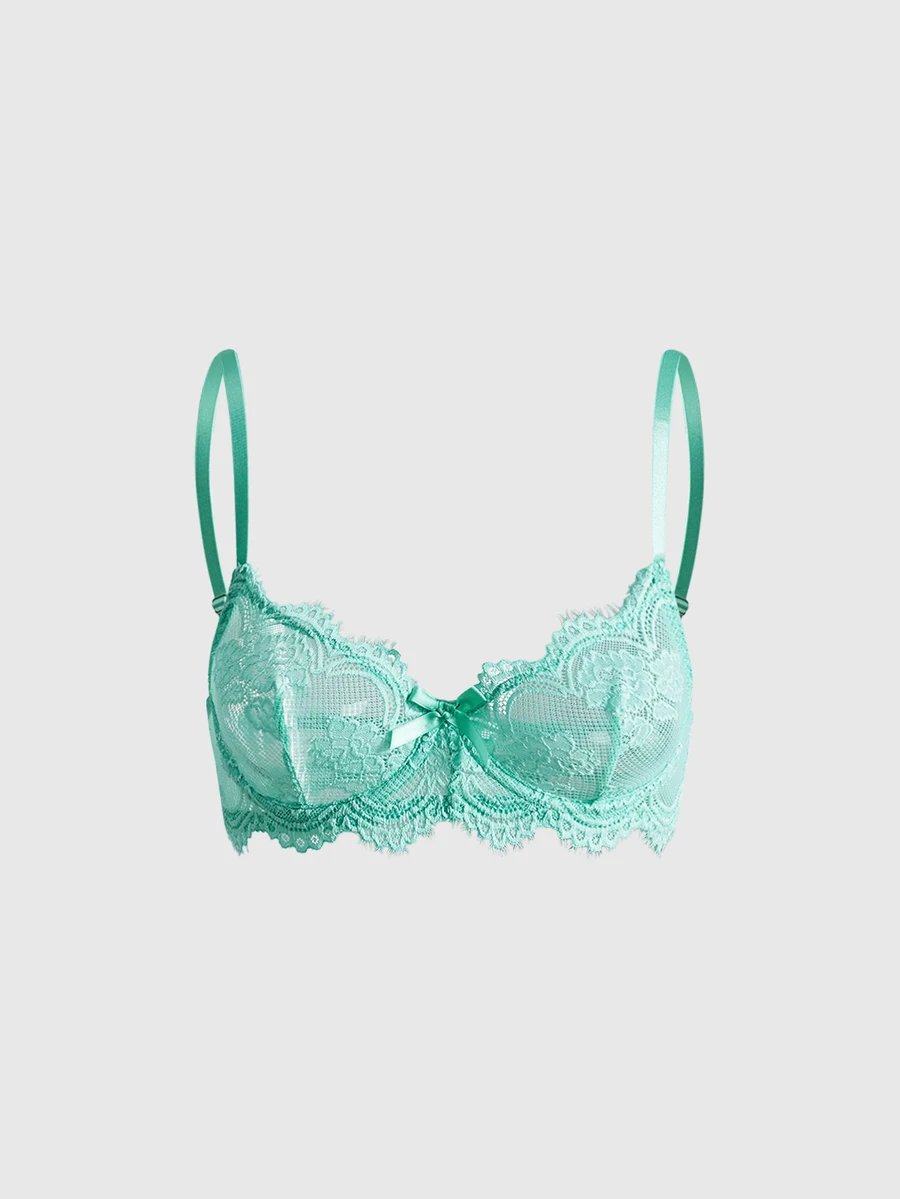 ROMWE Plus Size Dark Gothic Eyelash Floral Lace Underwire Triangle Cup Bra - Mint Green - View 1