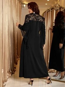 Reflora Gaun Ukuran Besar Elegan Formal Kasual Elegan Pesta Malam Formal Koktail Formal Renda Patchwork Dekorasi Rhinestone Hitam Musim Dingin Hitam Musim Gugur - Hitam - View 3