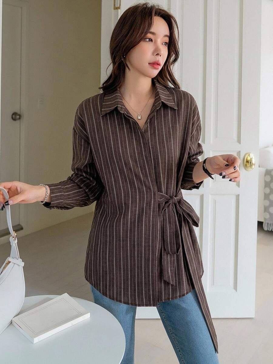 DAZY Women's Striped Long Sleeve Side Waist Knot Casual Shirt - Coffee Brown - View 1