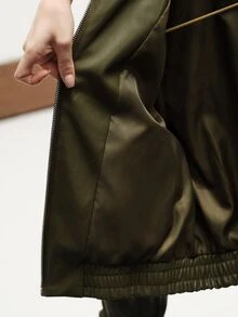 Aveloria Modichic Women's Jacket Cropped Bomber PU Zip Up Lapel Elastic Hem Long Sleeve Pockets Streetwear Cool Casual Vintage Olive Green Solid Jacket Women's Jacket - Army Green - View 8