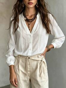 SHEIN Women's French Style Versatile Single-Breasted Long Sleeve Shirt - White - View 3