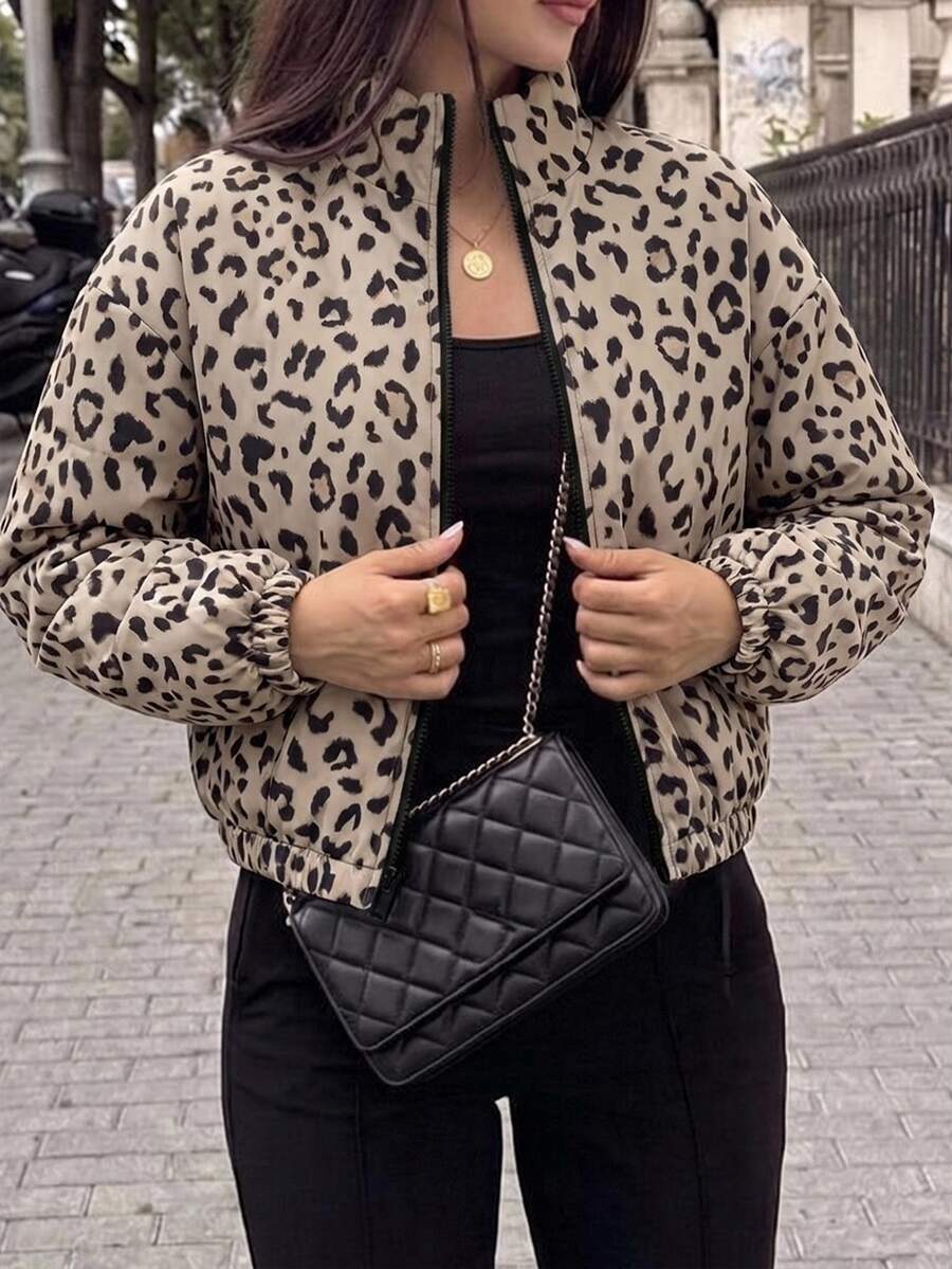 SHEIN LUNE Casual Minimalist Style Leopard Print Women's Zip-Up Elastic Long Sleeve Hooded Sweatshirt Jacket, Suitable For Autumn/Winter - Multicolor - View 1