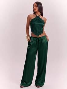 SHEIN BAE Summer Sexy Backless Halter Top And Long Pants Set - Dark Green - View 7