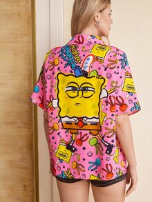SpongeBob SquarePants | SHEIN Women's Letter Pattern Short Sleeve Single-Breasted Shirt - Pink - View 2