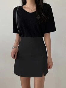 DAZY Women's Casual Versatile Solid Color High Waist Skirt - Black - View 4