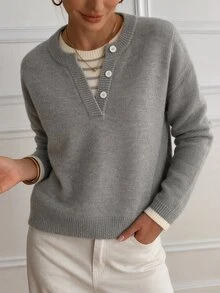 Livesso Sweater Kasual Lengan Panjang Bergaris Patchwork dengan Desain Kancing untuk Wanita, Cocok untuk Musim Gugur. - Grey - View 4