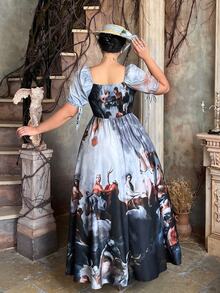 Lyrianda Fashionable Oil Painting Print Waist-Cinching Round Neck Dress Halloween - Multicolor - View 2
