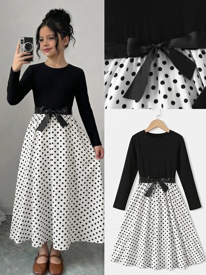 Tween Girls Casual Elegant Black White Polka Dot Print Patchwork Round Neck Long Sleeve Dress