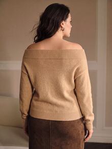 MOTF PREMIUM PLUS SIZE FAUX PEARL AND RHINESTONE DECORATED SWEATER WINTER FORMAL EVENING CAMEL ELEGANT - Khaki - View 5