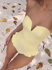 Bonvoyette Women's Summer Vacation Polka Dot Print Detachable Shoulder Strap Bandeau V-Neck Ruffle Trim One-Piece Swimsuit - Pale Yellow - View 1
