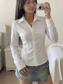 青少年女孩白色修身圓弧下擺紋理條紋襯衫，百搭校服風女款襯衫，適合青少年 - 彩色 - 查看 4