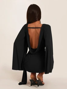 SHEIN BAE Autumn/Winter Solid Gray Round Neck Flare Long Sleeve Backless Tight Sexy Mini Dress, Basic Dress, Music Festival Dress, Birthday Dress, Brunch Dress, Y2K, Nightclub Party Gathering, Cocktail Party Dress, Nightclub Party Sexy Short Dress, Backless Sexy Dress - Black - View 7