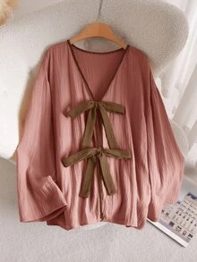 CosyJoli Plus Size Autumn Casual Lace-Up Shirt - Pink - View 5
