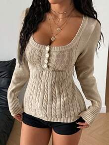 StreetHx Petite Women's Solid Color Autumn/Winter Ribbed U-Neck Button Casual Sexy Long Sleeve Sweater Top Going Out Party Khaki - Apricot - View 3