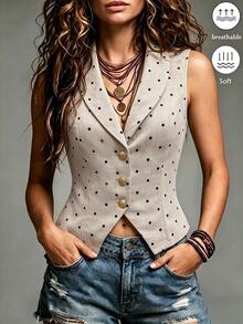Omancia Women's Polka Dot Single-Breasted Shawl Collar Casual Vest Jacket - Multicolor - View 1