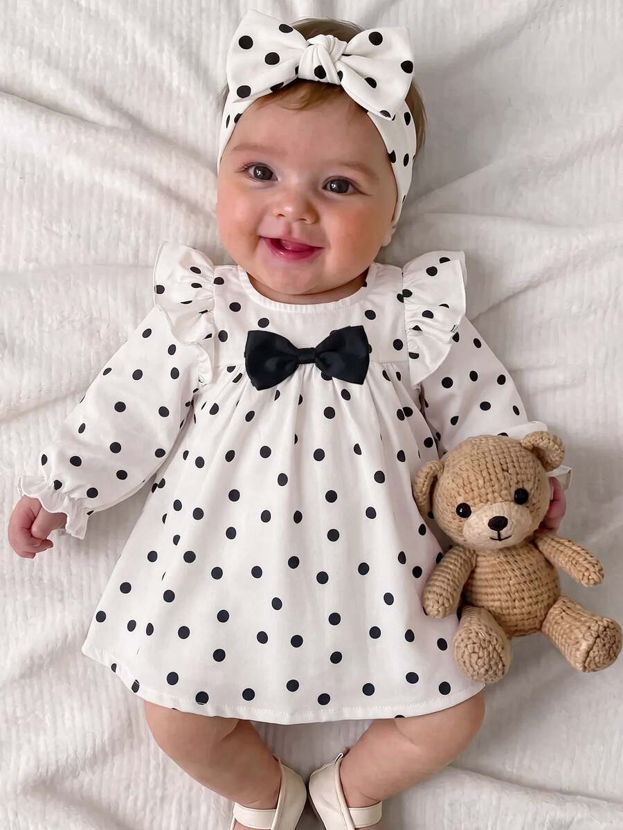 SHEIN Kids Kids Newborn Girl Polka Dot Kids Ruffle Bow Long Sleeve Dress - White - View 1