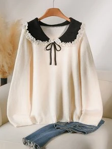 CosyJoli Plus Size Autumn/Winter Casual Elegant Colorblock Peter Pan Collar Sweater Office Evening Black And White - Beige - View 2