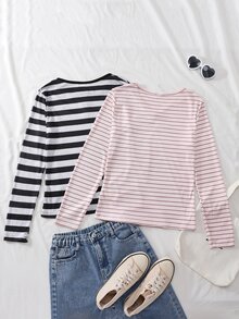 SHEIN Children's Striped Long Sleeve Top For Spring And Autumn, Black & White Stripes, Brown & Pink Stripes, V-Neck Design With Delicate Lace Trim, Sweet And Fashionable, Suitable For Daily Wear And Gatherings - Multicolor - View 2