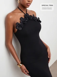 CAJUNI Gaun Musim Panas Elegan dengan Dekorasi Bunga 3D dan Leher Halter Tanpa Punggung - Hitam - View 8
