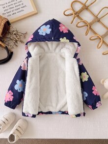 SHEIN 女嬰秋冬可愛粉色愛心圖案燈芯絨連帽保暖內裡夾克 - 彩色 - 查看 3