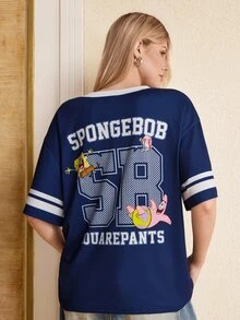 SpongeBob SquarePants | SHEIN Women's Letter Cartoon Print Short Sleeve T-Shirt - Navy Blue - View 2