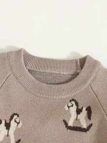 SHEIN Young Boys Sweater Co-Ords, Camel Color, Autumn/Winter, Teddy Bear Jacquard Knit Sweater And Pants Set, Raglan Long Sleeve, Soft And Comfortable, Suitable For Daily Wear - Camel - View 3