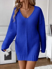 SHEIN Plus Size Women Royal Blue Color Long Sleeve Knee Length Casual V Neck Rib-Knit Sweater Dress - Royal Blue - View 4